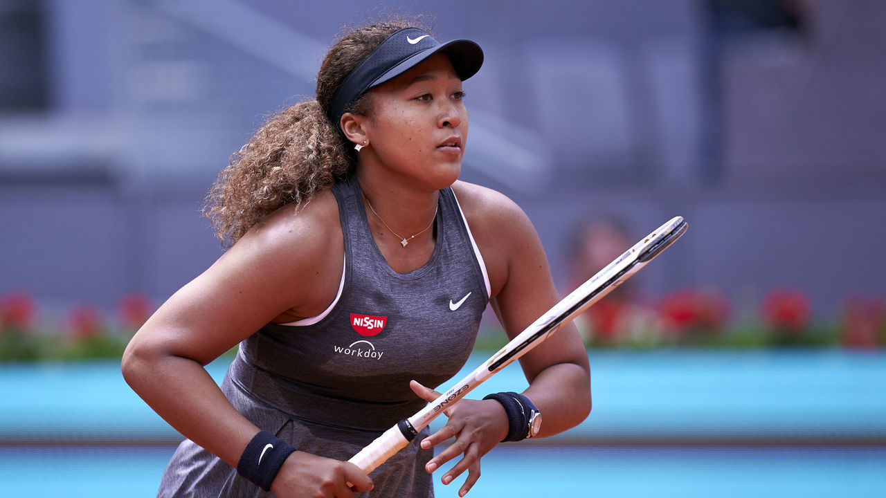 MADRID, SPAIN - APRIL 30: Naomi Osaka of Japan looks on in her first round match against Misaki Doi of Japan on day two of the Mutua Madrid Open tennis tournament at La Caja Magica on April 30, 2021 in Madrid, Spain.