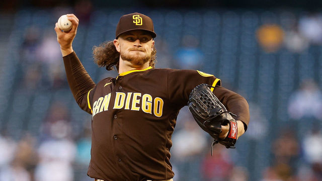 PHOENIX, ARIZONA - APRIL 27: Starting pitcher Chris Paddack #59 of the San Diego Padres pitches against the Arizona Diamondbacks during the first inning of the MLB game at Chase Field on April 27, 2021 in Phoenix, Arizona.