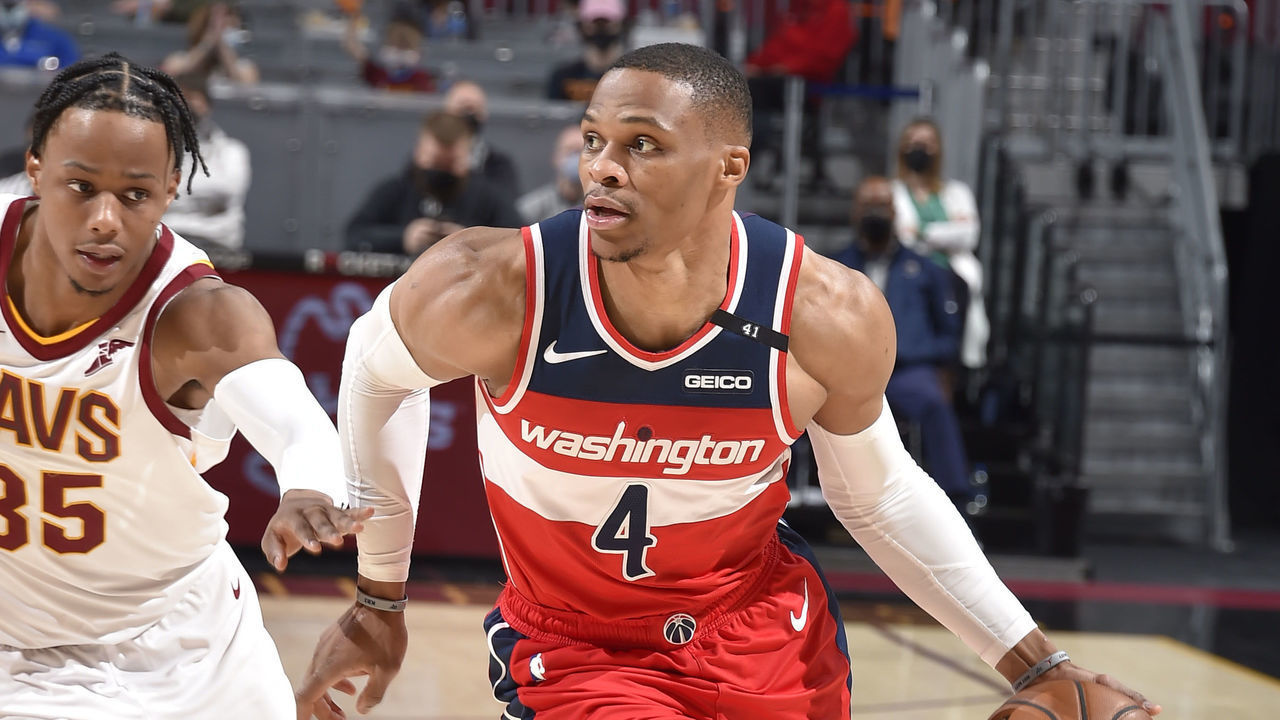 CLEVELAND, OH - APRIL 30: Russell Westbrook #4 of the Washington Wizards drives to the basket during the game against the Cleveland Cavaliers on April 30, 2021 at Rocket Mortgage FieldHouse in Cleveland, Ohio. NOTE TO USER: User expressly acknowledges and agrees that, by downloading and/or using this Photograph, user is consenting to the terms and conditions of the Getty Images License Agreement. Mandatory Copyright Notice: Copyright 2021 NBAE