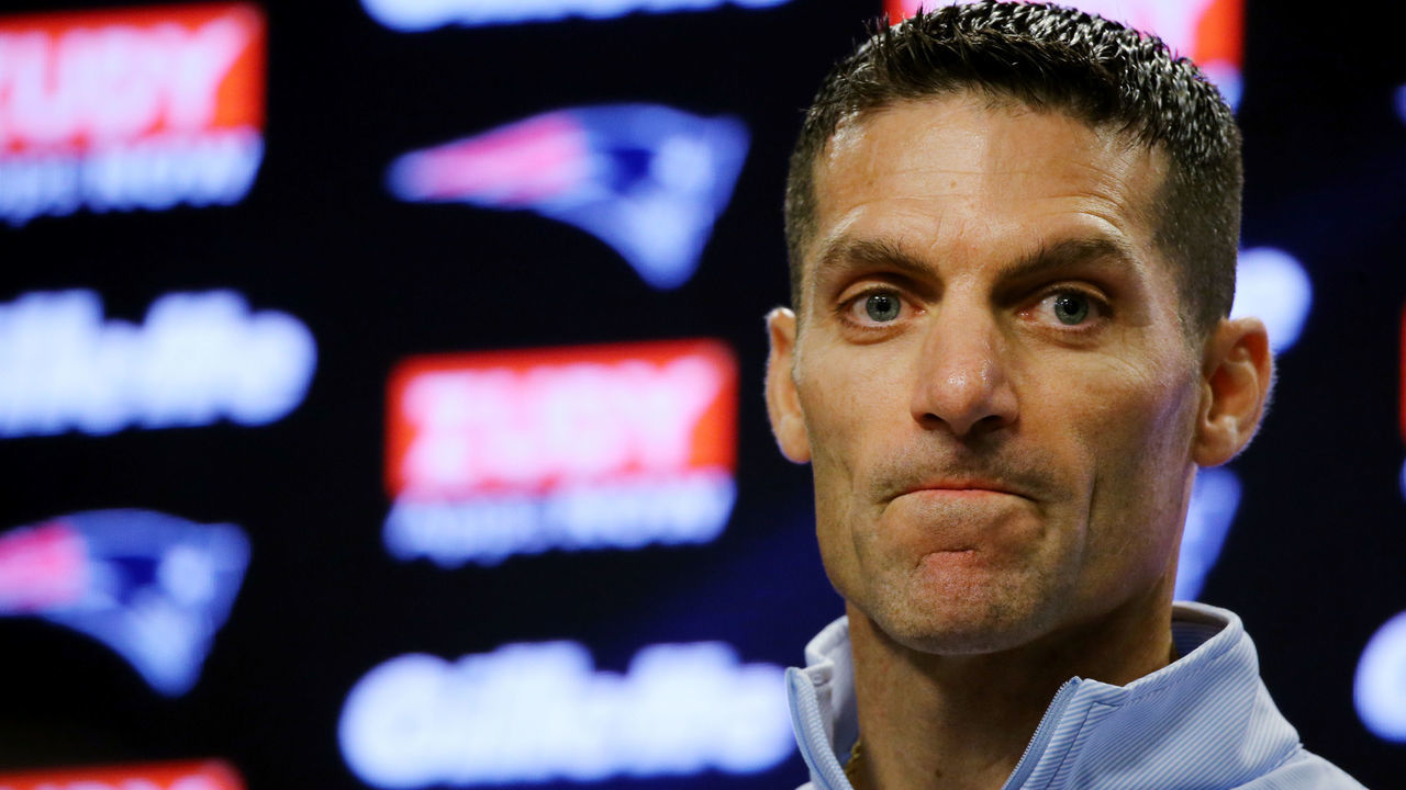 FOXBOROUGH, MA - JULY 27: Nick Caserio, director of player personnel, speaks with the media before New England Patriots training camp at Gillette Stadium in Foxboro, MA on July 27, 2019.