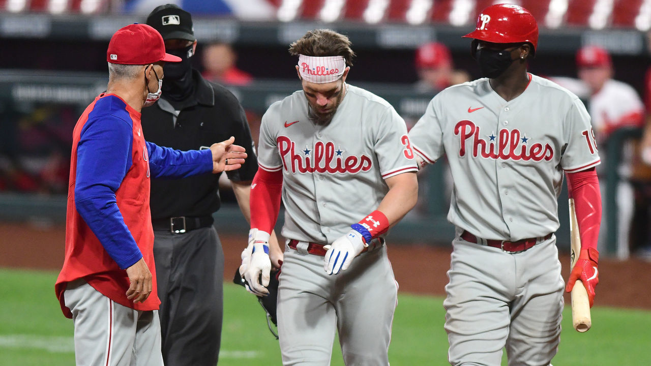 ST. LOUIS, MO - APRIL 28: Philadelphia Phillies right fielder Bryce Harper (3) is helped off of the field after being hit in the face by a pitch during a Major League Baseball game between the Philadelphia Phillies and the St. Louis Cardinals on April 28, 2021, at Busch Stadium, St. Louis, Mo. ,