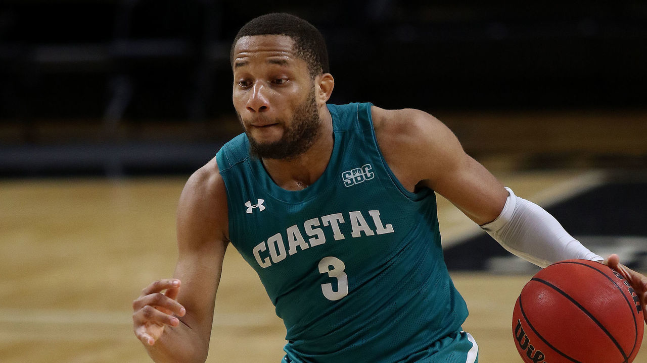 SPARTANBURG, SC - DECEMBER 15: Devante' Jones (3) guard of Coastal Carolina during a college basketball game between the Costal Carolina Chanticleer and the Wofford Terriers on December 15, 2020, at Jerry Richardson Indoor Stadium in Spartanburg, S.C.