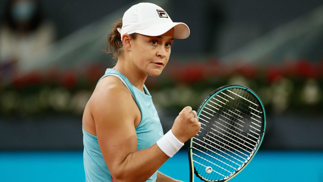 MADRID, SPAIN - MAY 01: Ashleigh Barty of Australia celebrates during her Women's Singles match, second round, against Tamara Zidansek of Slovenia on the WTA 1000 - Mutua Madrid Open 2021 at La Caja Magica on May 1, 2021 in Madrid, Spain