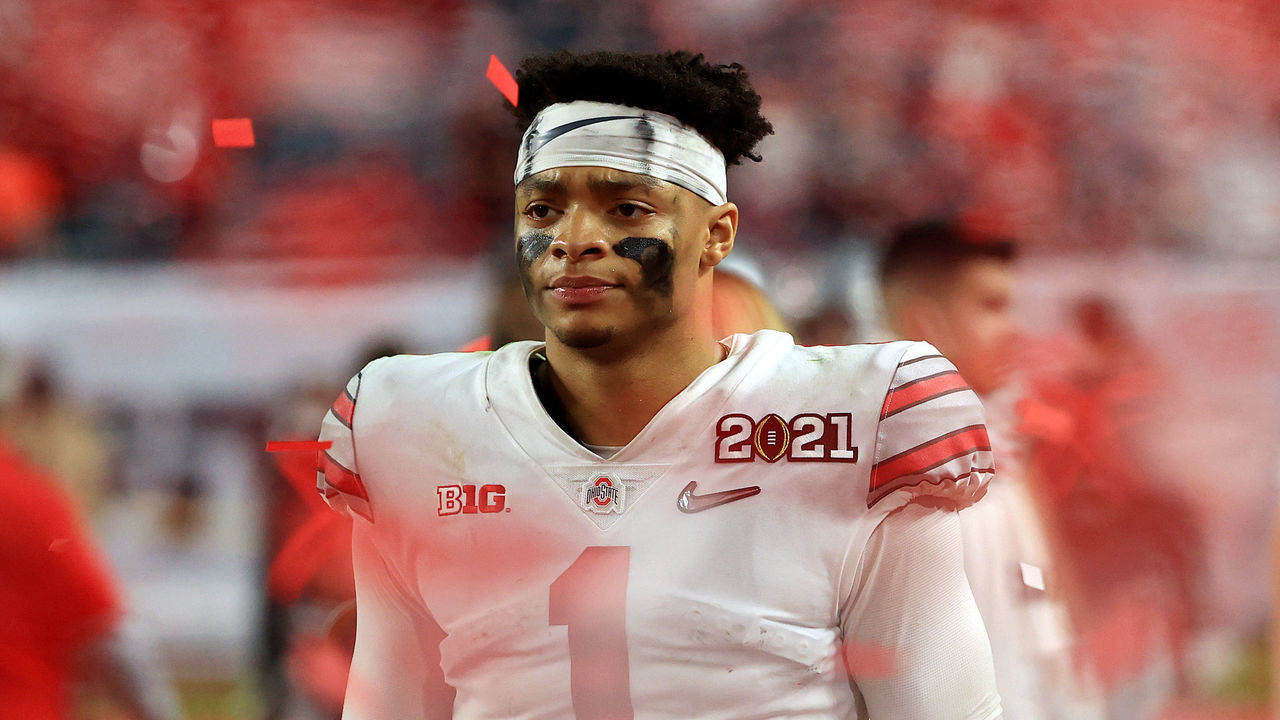 MIAMI GARDENS, FLORIDA - JANUARY 11: Justin Fields #1 of the Ohio State Buckeyes leaves the field following the College Football Playoff National Championship game against the Alabama Crimson Tide at Hard Rock Stadium on January 11, 2021 in Miami Gardens, Florida.