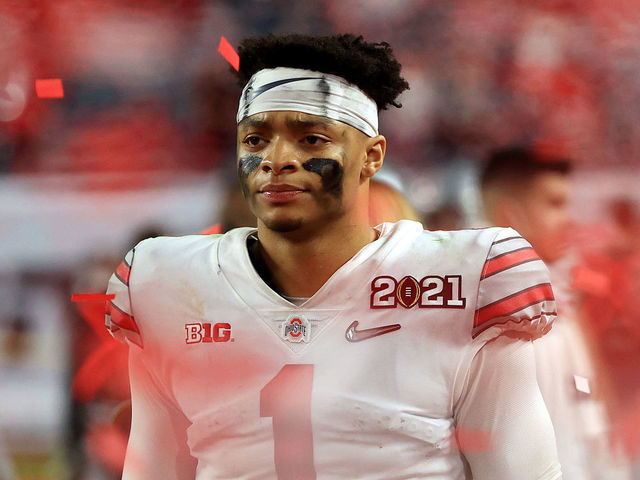 MIAMI GARDENS, FLORIDA - JANUARY 11: Justin Fields #1 of the Ohio State Buckeyes leaves the field following the College Football Playoff National Championship game against the Alabama Crimson Tide at Hard Rock Stadium on January 11, 2021 in Miami Gardens, Florida.