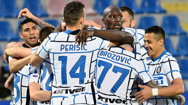 Inter Milan's danish midfielder Christian Eriksen celebrates after scoring against Crotone during the Italian Serie A football match Crotone vs Inter Milan at the Ezio Scida Stadium in Crotone on May 1, 2021.