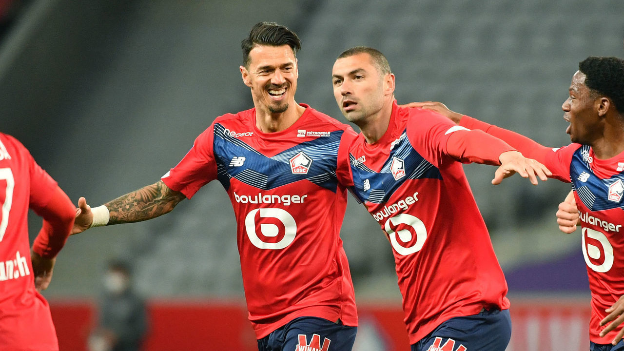 Lille's Forward Burak Yilmaz celebrates a goal during the French L1 football match between Lille (LOSC) and Nice at the Pierre-Mauroy Stadium in Villeneuve d'Ascq, near Lille, northern France, on May 1, 2021.