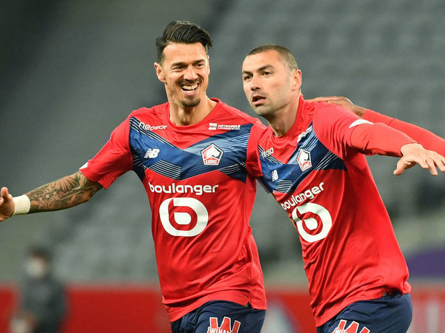 Lille's Forward Burak Yilmaz celebrates a goal during the French L1 football match between Lille (LOSC) and Nice at the Pierre-Mauroy Stadium in Villeneuve d'Ascq, near Lille, northern France, on May 1, 2021.
