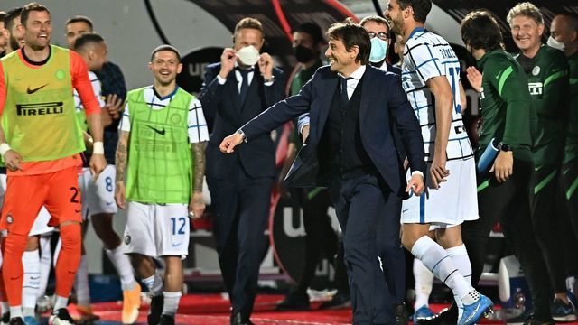 Inter Milan's Italian coach Antonio Conte celebrates at the end of the Italian Serie A football match Crotone vs Inter Milan at the Ezio Scida Stadium in Crotone on May 1, 2021.