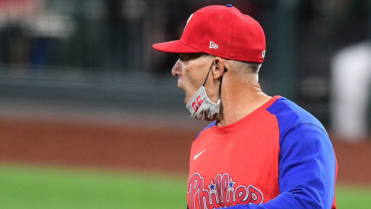 ST. LOUIS, MO - APRIL 28: Philadelphia Phillies Manager Joe Girardi yells at umpires after being ejected during a Major League Baseball game between the Philadelphia Phillies and the St. Louis Cardinals on April 28, 2021, at Busch Stadium, St. Louis, Mo. ,