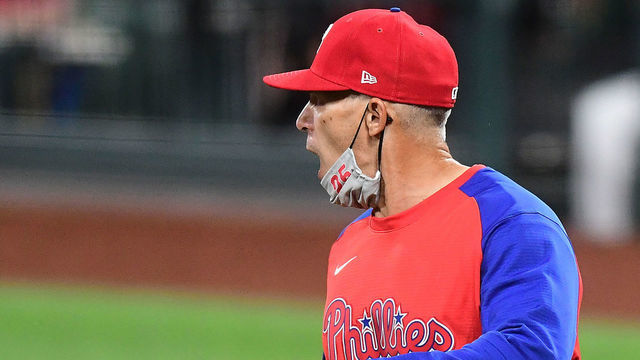 ST. LOUIS, MO - APRIL 28: Philadelphia Phillies Manager Joe Girardi yells at umpires after being ejected during a Major League Baseball game between the Philadelphia Phillies and the St. Louis Cardinals on April 28, 2021, at Busch Stadium, St. Louis, Mo. ,