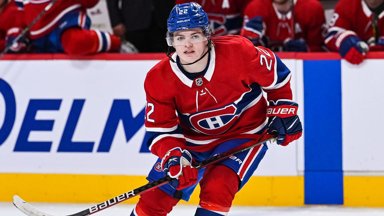 MONTREAL, QC - APRIL 30: Montreal Canadiens right wing Cole Caufield (22) tracks the play during the Winnipeg Jets versus the Montreal Canadiens game on April 30, 2021, at Bell Centre in Montreal, QC
