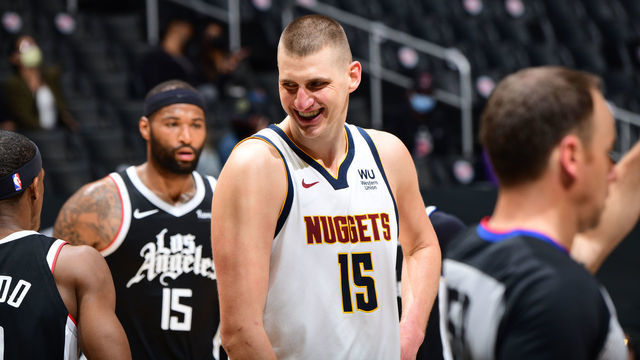 LOS ANGELES, CA - MAY 1: Nikola Jokic #15 of the Denver Nuggets smiles during the game against the LA Clippers on May 1, 2021 at STAPLES Center in Los Angeles, California. NOTE TO USER: User expressly acknowledges and agrees that, by downloading and/or using this Photograph, user is consenting to the terms and conditions of the Getty Images License Agreement. Mandatory Copyright Notice: Copyright 2021 NBAE