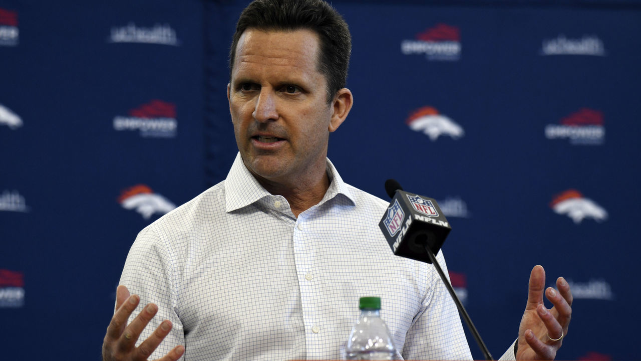 ENGLEWOOD, CO - MARCH 18: General Manager of the Denver Broncos George Paton answers media questions after introducing Broncos cornerback Ronald Darby and Broncos running back Mike Boone. The Denver Broncos hosted a free agency press conference at UCHealth Training Center"u2019s Pat Bowlen Fieldhouse on Thursday, March 18, 2021.