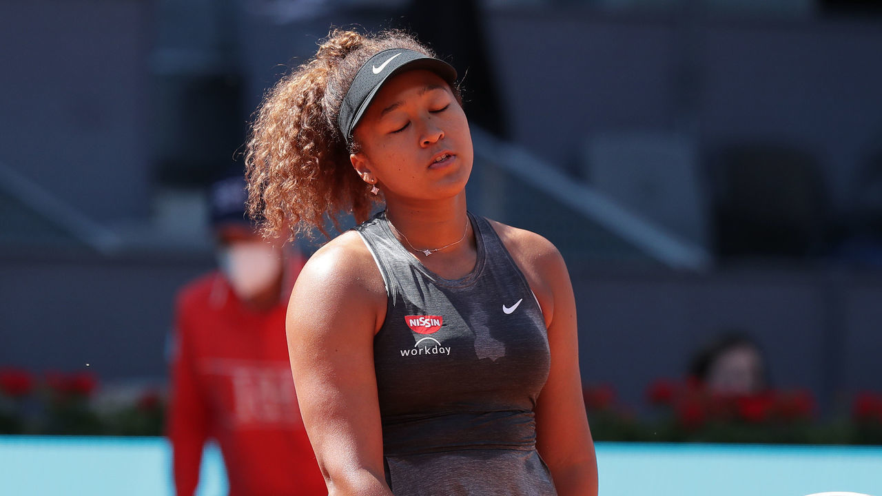 MADRID, SPAIN - MAY 02: Naomi Osaka of Japan reacts during the second round match between Karolina Muchova of Czech and Naomi Osaka of Japan on day 4 of the Mutua Madrid Open at La Caja Magica on May 02, 2021 in Madrid, Spain.