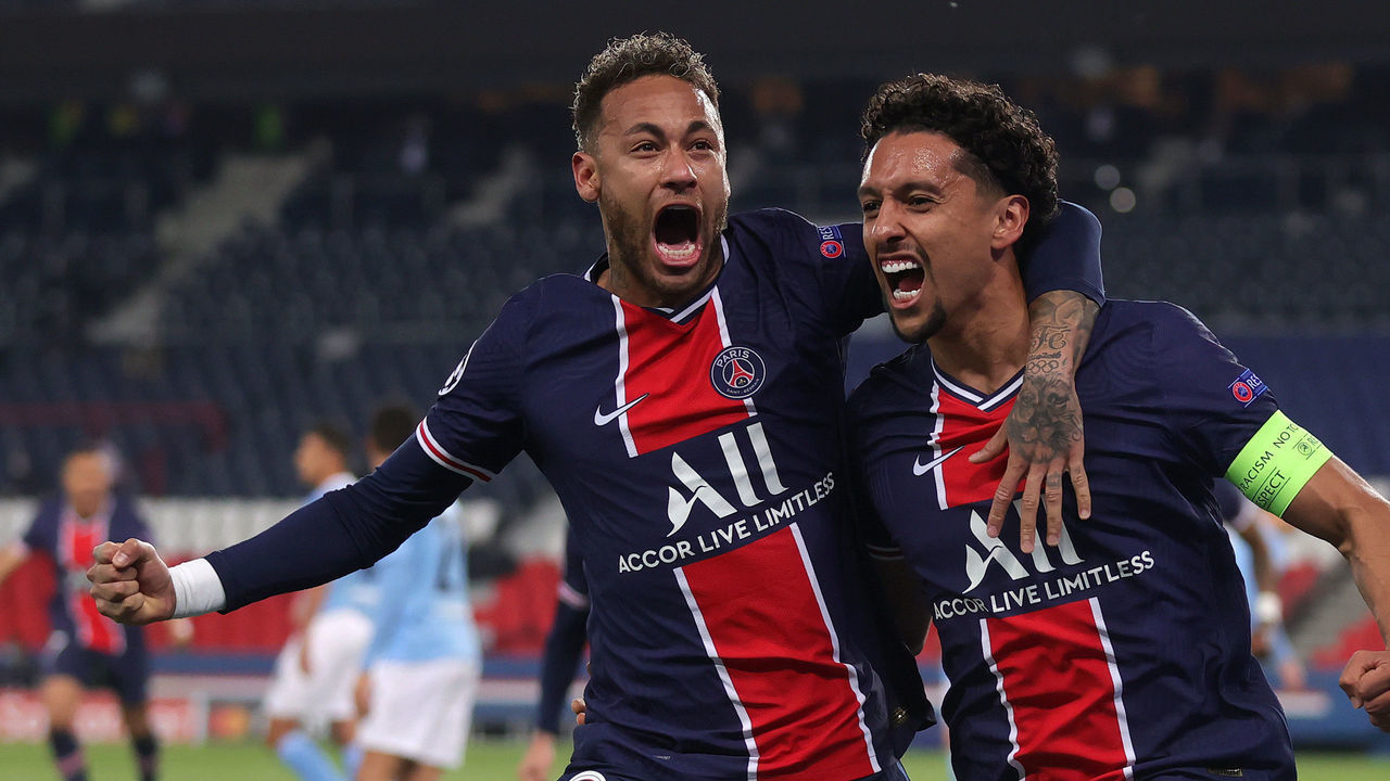 PARIS, FRANCE - APRIL 28: Marquinhos of Paris Saint-Germain celebrates with Neymar after scoring their side's first goal during the UEFA Champions League Semi Final First Leg match between Paris Saint-Germain and Manchester City at Parc des Princes on April 28, 2021 in Paris, France. Sporting stadiums around France remain under strict restrictions due to the Coronavirus Pandemic as Government social distancing laws prohibit fans inside venues resulting in games being played behind closed doors.