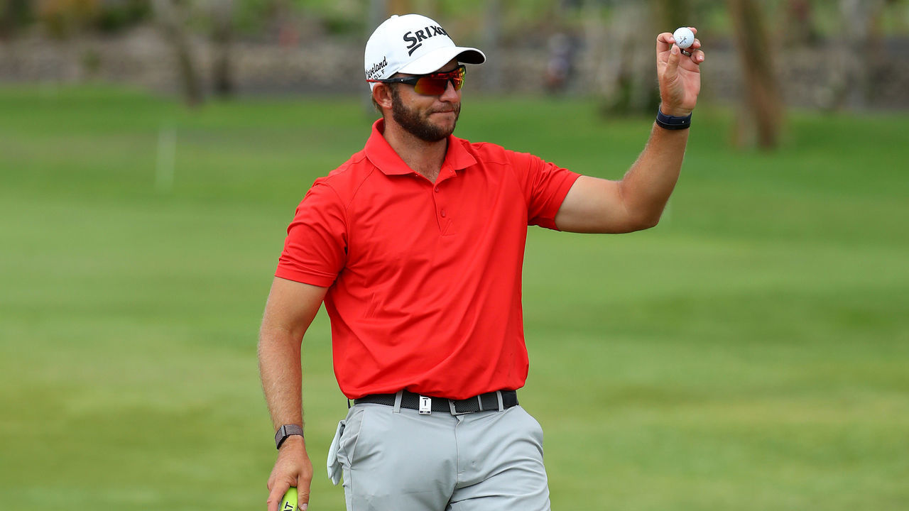 TENERIFE, SPAIN - MAY 02: Dean Burmester of South Africa reacts on the 18th green after winning the Tenerife Open at Golf Costa Adeje on May 02, 2021 in Tenerife, Spain.