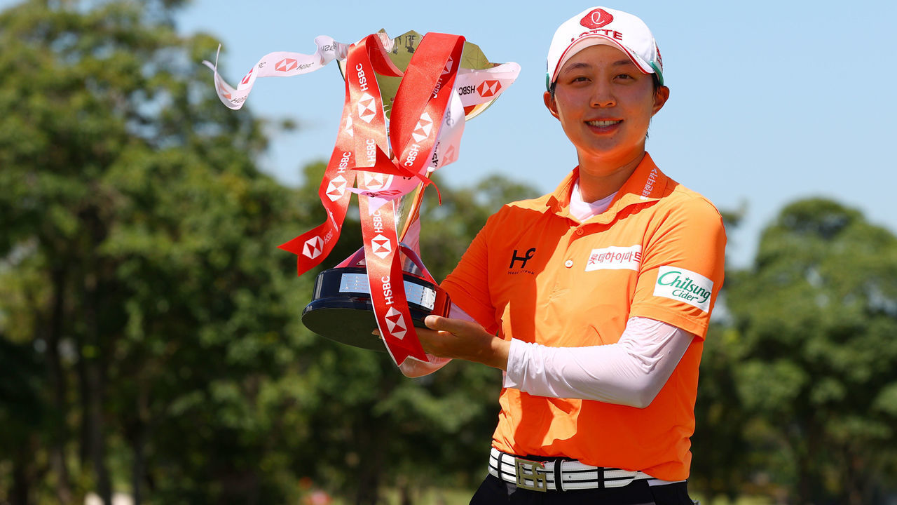 SINGAPORE, SINGAPORE - MAY 02: Hyo Joo Kim of South Korea poses with the winner's trophy after winning the HSBC Women's World Championship at Sentosa Golf Club on May 02, 2021 in Singapore.
