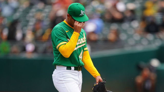 OAKLAND, CALIFORNIA - MAY 01: Jesus Luzardo #44 of the Oakland Athletics walks to the dugout after giving up six runs during the fourth inning against the Baltimore Orioles at RingCentral Coliseum on May 01, 2021 in Oakland, California.