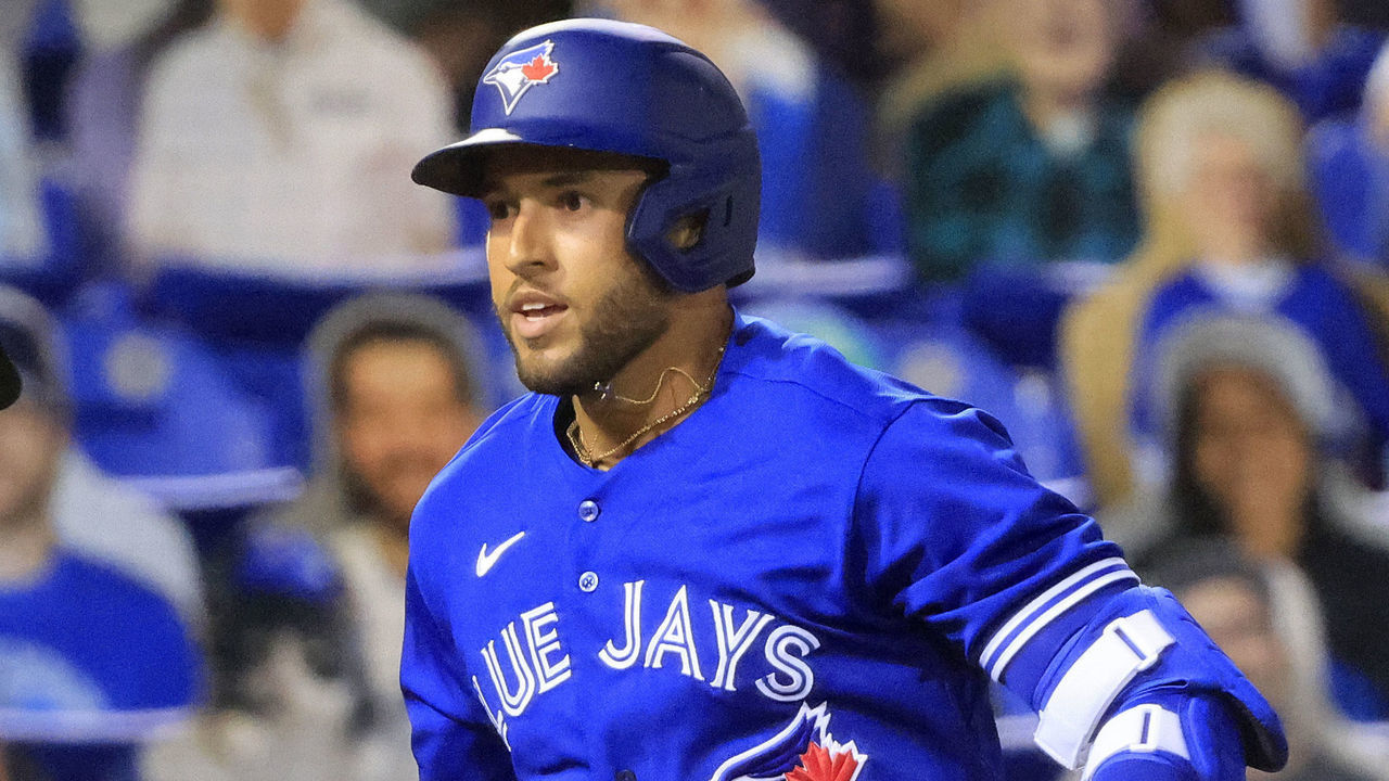 DUNEDIN, FLORIDA - MAY 01: George Springer #4 of the Toronto Blue Jays celebrates a home run with Bo Bichette #11 in the seventh inning against the Atlanta Braves at TD Ballpark on May 01, 2021 in Dunedin, Florida.