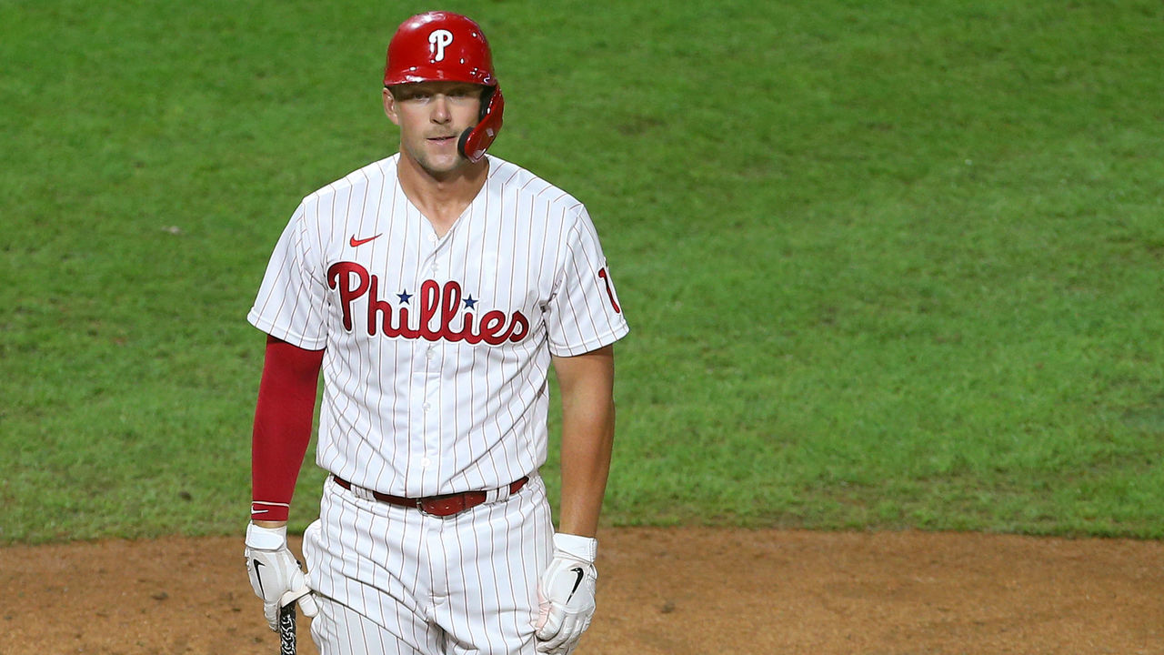 PHILADELPHIA, PA - AUGUST 12: Rhys Hoskins #17 of the Philadelphia Phillies reacts after striking out looking in the ninth against the Baltimore Orioles in an MLB Baseball game at Citizens Bank Park on August 12, 2020 in Philadelphia, Pennsylvania. The Orioles defeated the Phillies 5-4.