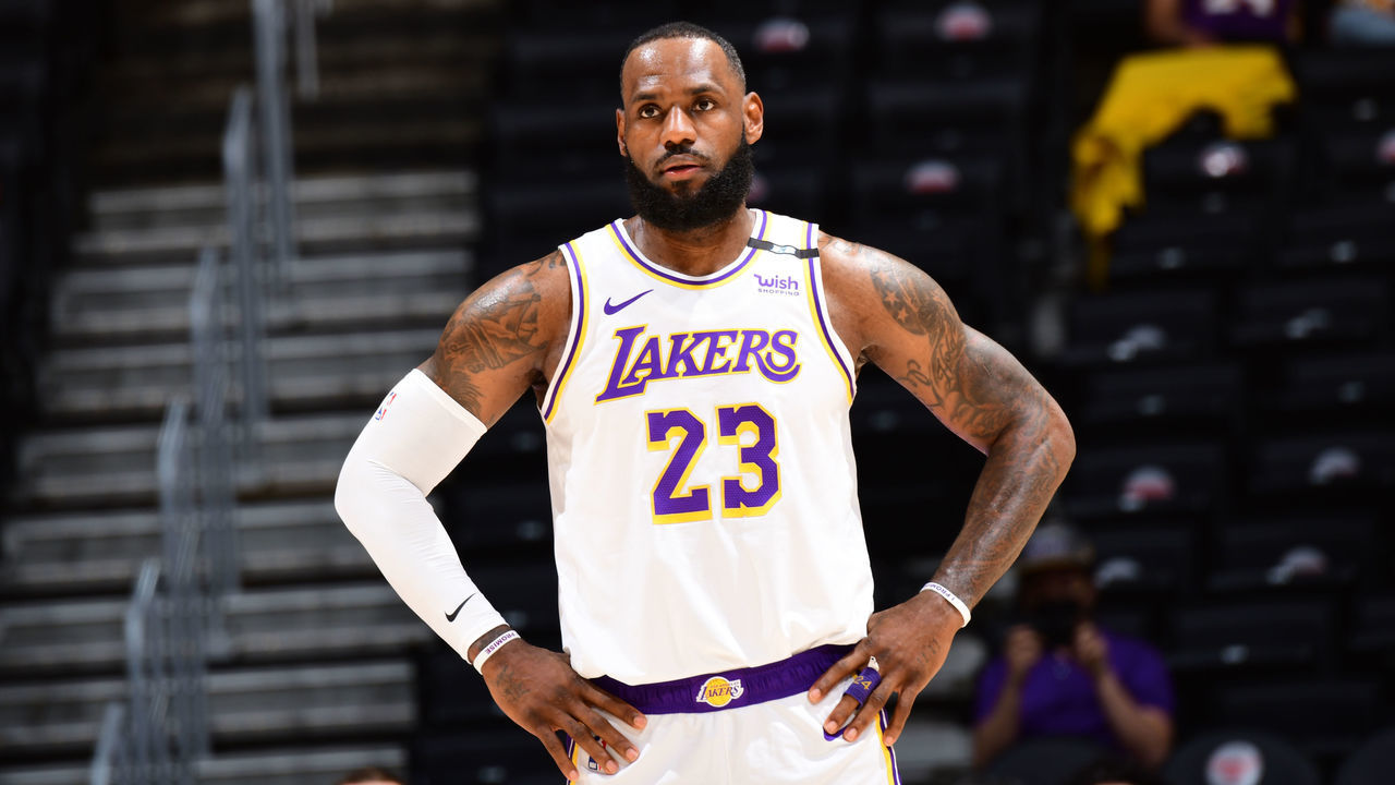 LOS ANGELES, CA - MAY 2: LeBron James #23 of the Los Angeles Lakers looks on during the game against the Toronto Raptors on May 2, 2021 at STAPLES Center in Los Angeles, California. NOTE TO USER: User expressly acknowledges and agrees that, by downloading and/or using this Photograph, user is consenting to the terms and conditions of the Getty Images License Agreement. Mandatory Copyright Notice: Copyright 2021 NBAE