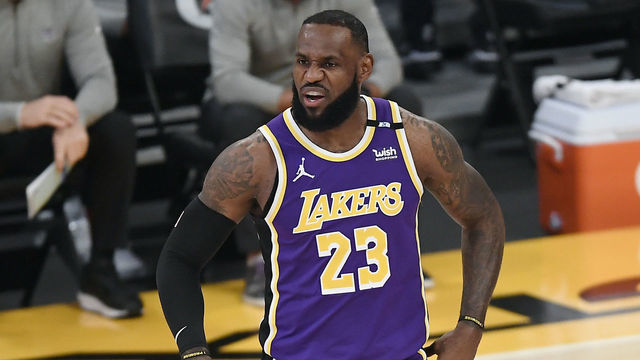 LOS ANGELES, CA - APRIL 30: LeBron James #23 of the Los Angeles Lakers reacts during the first half against the Sacramento Kings at Staples Center on April 30, 2021 in Los Angeles, California.