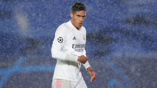 MADRID, SPAIN - APRIL 27: MADRID, SPAIN - APRIL 27: Raphael Varane of Real Madrid CF reacts during the UEFA Champions League Semi Final First Leg match between Real Madrid and Chelsea FC at Estadio Alfredo Di Stefano on April 27, 2021 in Madrid, Spain. Sporting stadiums around Spain remain under strict restrictions due to the Coronavirus Pandemic as Government social distancing laws prohibit fans inside venues resulting in games being played behind closed doors.