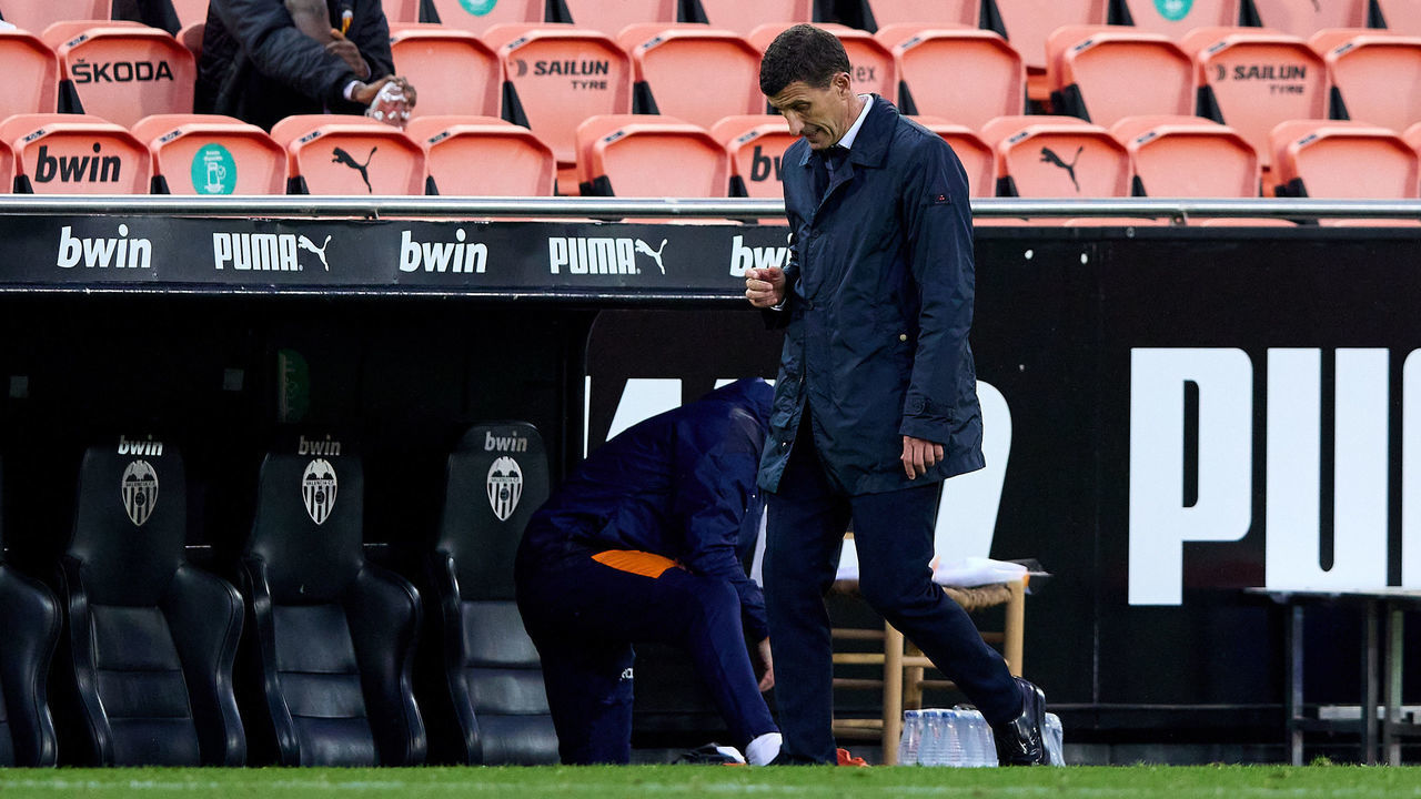 VALENCIA, SPAIN - APRIL 24: Head coach Javi Gracia of Valencia CF reacts during the La Liga Santander match between Valencia CF and Deportivo Alaves at Estadio Mestalla on April 24, 2021 in Valencia, Spain. Sporting stadiums around Spain remain under strict restrictions due to the Coronavirus Pandemic as Government social distancing laws prohibit fans inside venues resulting in games being played behind closed doors.