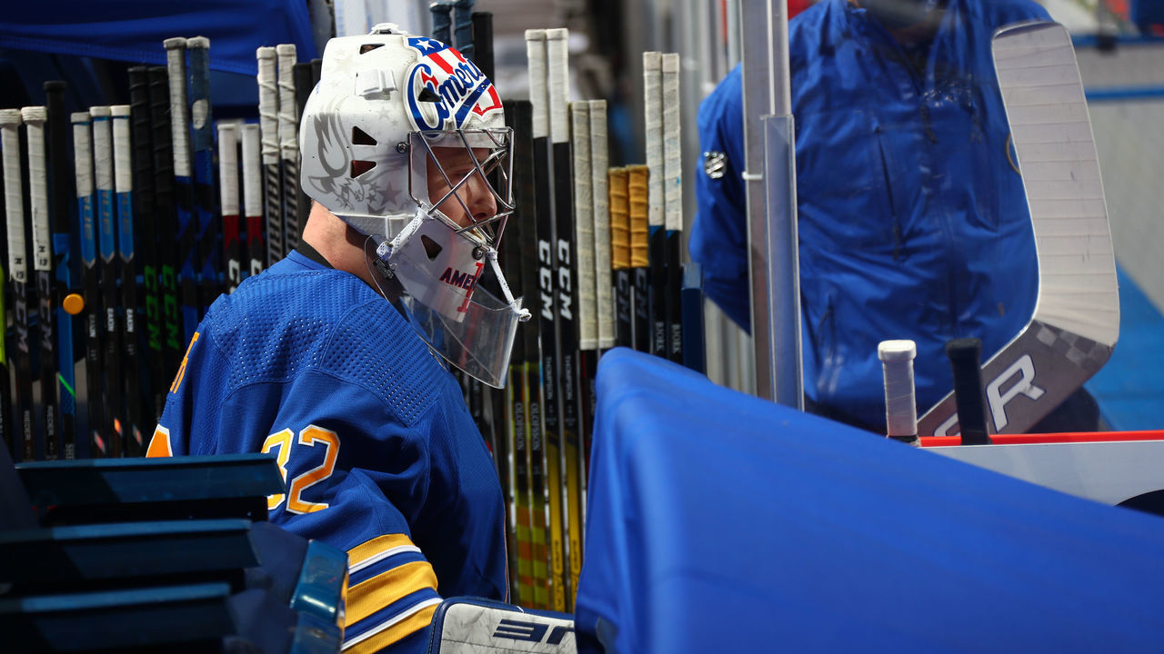 BUFFALO, NY - APRIL 18: Michael Houser #32 of the Buffalo Sabres heads to the ice before an NHL game against the Pittsburgh Penguins on April 18, 2021 at KeyBank Center in Buffalo, New York. Buffalo won, 4-2.