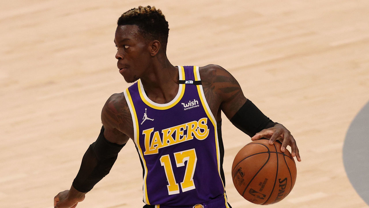 WASHINGTON, DC - APRIL 28: Dennis Schroder #17 of the Los Angeles Lakers in action against the Washington Wizards during the second half at Capital One Arena on April 28, 2021 in Washington, DC.