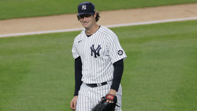 NEW YORK, NEW YORK - APRIL 06: Gerrit Cole #45 of the New York Yankees smiles after pitching during the fifth inning against the Baltimore Orioles at Yankee Stadium on April 06, 2021 in the Bronx borough of New York City.