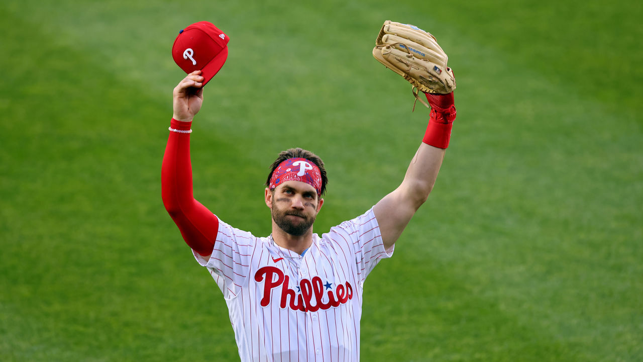 PHILADELPHIA, PA - MAY 02: Bryce Harper #3 of the Philadelphia Phillies acknowledges the fans before the start of a game against the New York Mets at Citizens Bank Park on May 2, 2021 in Philadelphia, Pennsylvania.