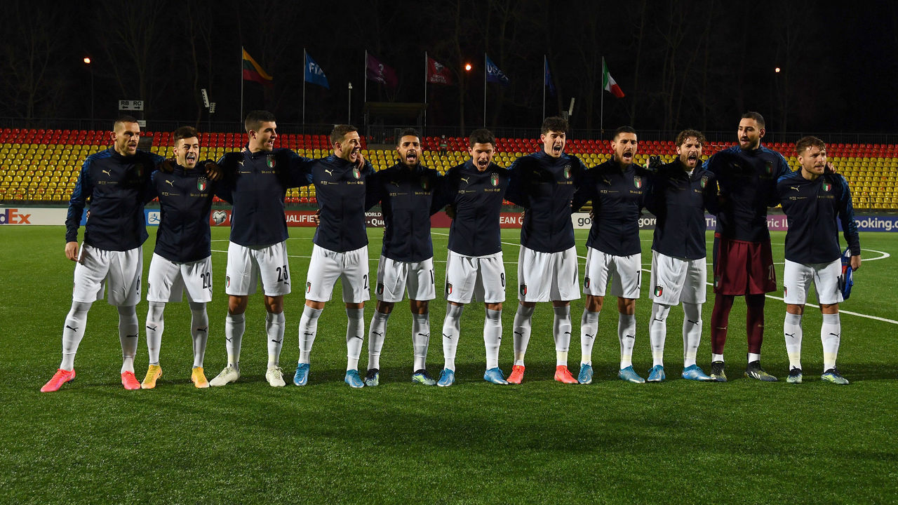 VILNIUS, LITHUANIA - MARCH 31: Players of Italy line up for the national anthem before the FIFA World Cup 2022 Qatar qualifying match between Lithuania and Italy on March 31, 2021 in Vilnius, Lithuania.