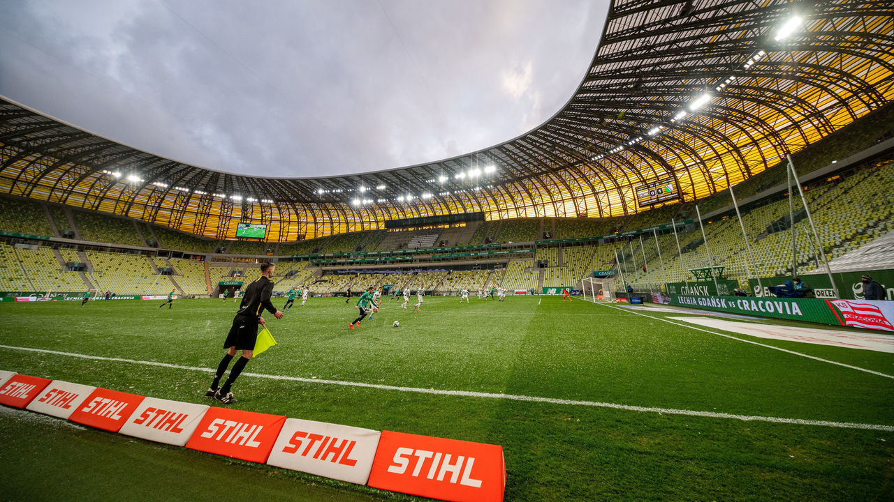 GDANSK, POLAND - APRIL 25: (BILD ZEITUNG OUT) . general view of Gdansk Stadium during the Ekstraklasa match between Lechia Gdansk and Legia Warszawa at Stadion Energa Gdansk on April 25 2021 in Gdansk, Poland.