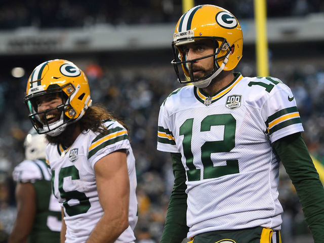 EAST RUTHERFORD, NJ - DECEMBER 23: Aaron Rodgers #12 of the Green Bay Packers celebrates with Jake Kumerow #16 after scoring a touchdown against the New York Jets in the fourth quarter during the at MetLife Stadium on December 23, 2018 in East Rutherford, New Jersey.