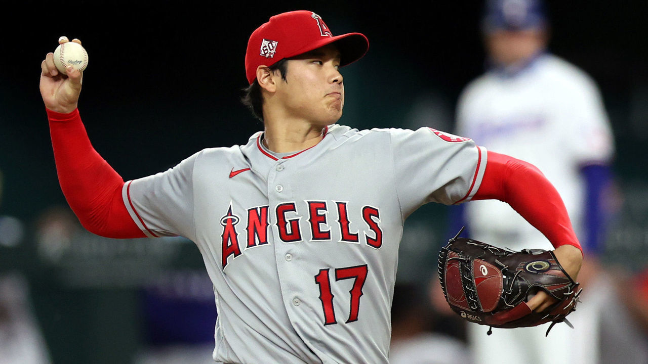 ARLINGTON, TEXAS - APRIL 26: Shohei Ohtani #17 of the Los Angeles Angels at Globe Life Field on April 26, 2021 in Arlington, Texas.