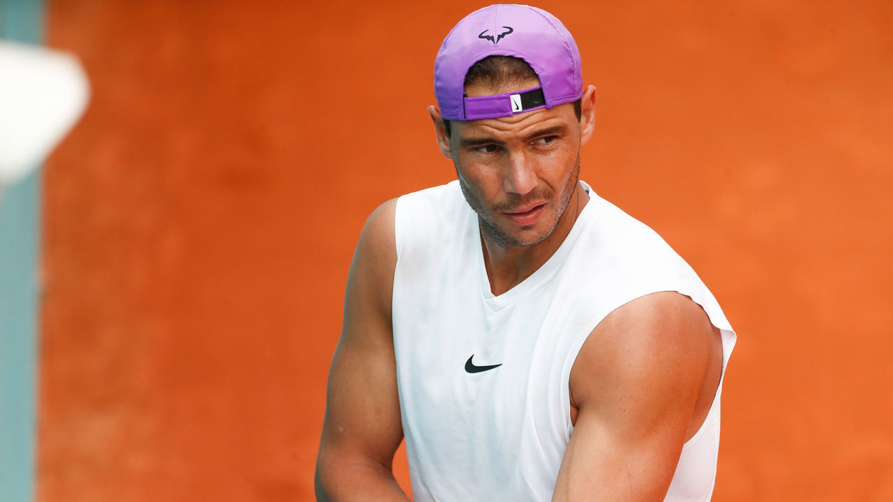 MADRID, SPAIN - MAY 03: Rafael Nadal of Spain gestures during his practice session for the ATP Masters 1000 - Mutua Madrid Open 2021 at La Caja Magica on May 3, 2021 in Madrid, Spain