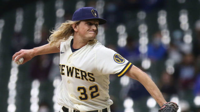 MILWAUKEE, WI - APRIL 26: Milwaukee Brewers relief pitcher Phil Bickford (32) pitches during a game between the Milwaukee Brewers and the Miami Marlins on April 26, 2021 at American Family Field in Milwaukee, WI.