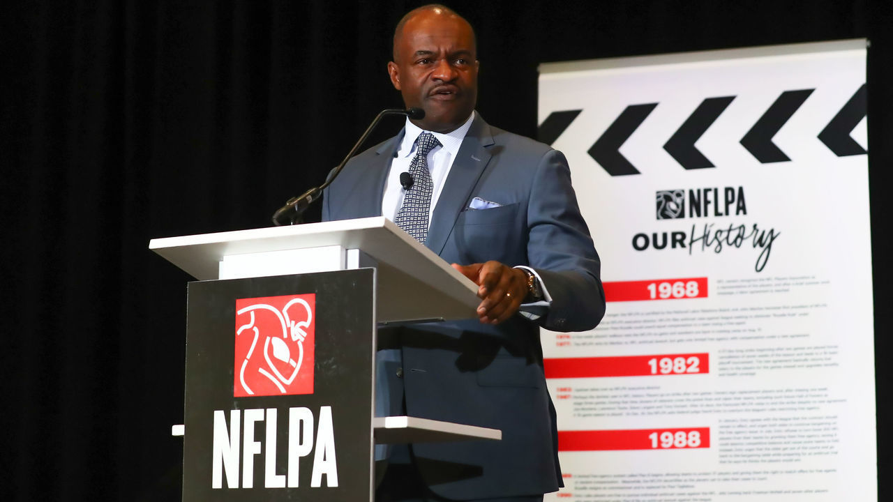 MIAMI BEACH, FL - JANUARY 30: DeMaurice Smith the Executive Director of the National Football League Players Association speaks during the NFLPA press conference on January 30, 2020 at the Miami Beach Convention Center in Miami Beack, FL.