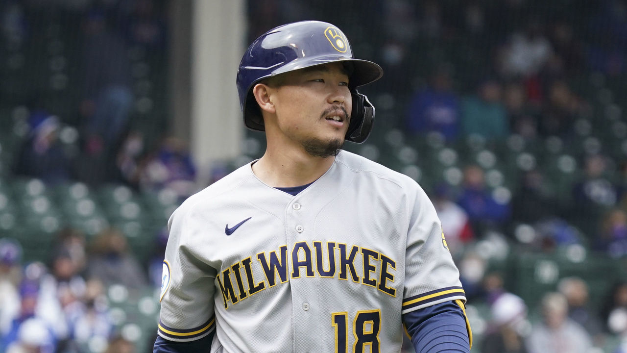CHICAGO, ILLINOIS - APRIL 24: Keston Hiura #18 of the Milwaukee Brewers reacts after striking out during a game against the Chicago Cubs at Wrigley Field on April 24, 2021 in Chicago, Illinois.