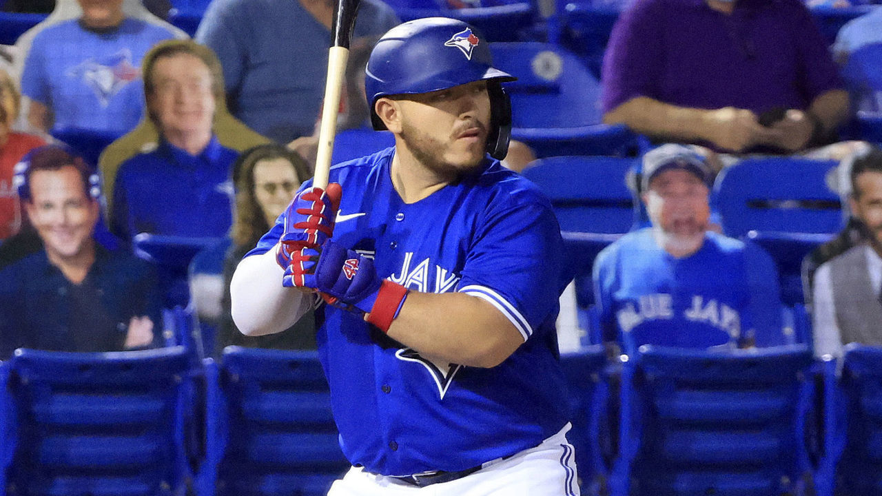 DUNEDIN, FLORIDA - APRIL 30: Alejandro Kirk #30 of the Toronto Blue Jays bats in the fifth inning against the Atlanta Braves at TD Ballpark on April 30, 2021 in Dunedin, Florida.
