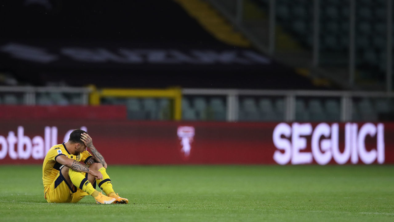 TURIN, ITALY - MAY 03: Giuseppe Pezzella of Parma Calcio reacts following the final whistle of the Serie A match between Torino FC and Parma Calcio at Stadio Olimpico di Torino on May 03, 2021 in Turin, Italy.