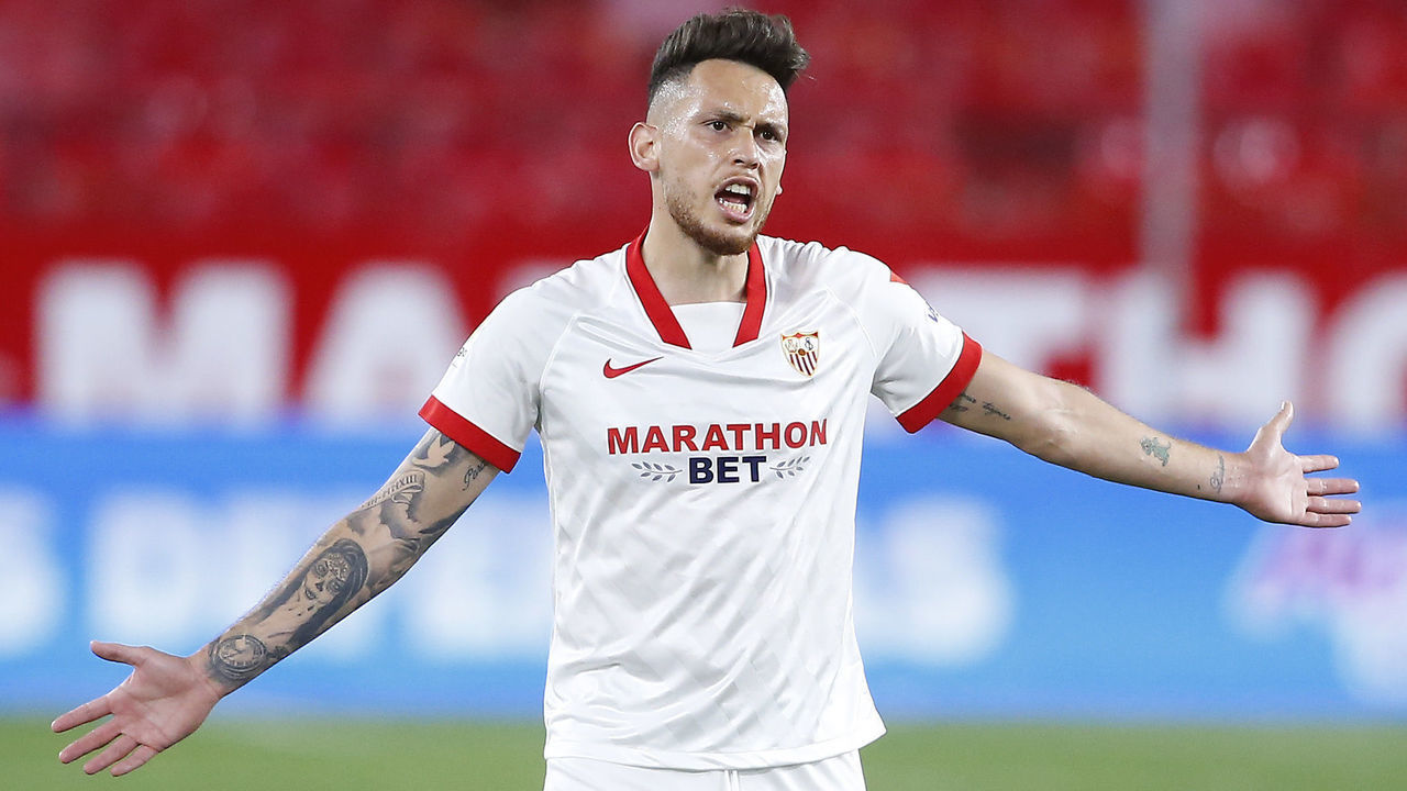 SEVILLE, SPAIN - MAY 03: Lucas Ocampos of Sevilla reacts during the La Liga Santander match between Sevilla FC and Athletic Club at Estadio Ramon Sanchez Pizjuan on May 03, 2021 in Seville, Spain. Sporting stadiums around Spain remain under strict restrictions due to the Coronavirus Pandemic as Government social distancing laws prohibit fans inside venues resulting in games being played behind closed doors.