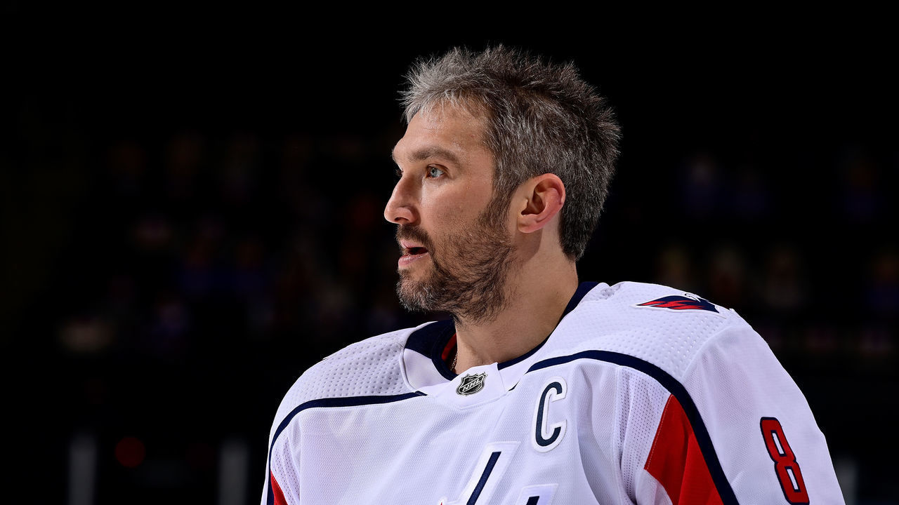 UNIONDALE, NEW YORK - APRIL 22: Alex Ovechkin #8 of the Washington Capitals sjates during warm-ups prior to the game against the New York Islanders at Nassau Coliseum on April 22, 2021 in Uniondale, New York.