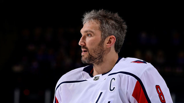 UNIONDALE, NEW YORK - APRIL 22: Alex Ovechkin #8 of the Washington Capitals sjates during warm-ups prior to the game against the New York Islanders at Nassau Coliseum on April 22, 2021 in Uniondale, New York.