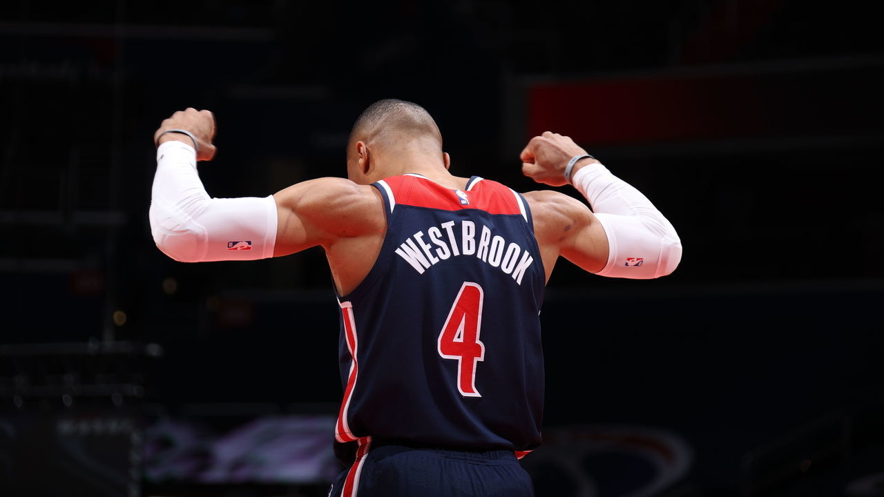 WASHINGTON, DC - MAY 3: Russell Westbrook #4 of the Washington Wizards warms up before the game against the Indiana Pacers on May 3, 2021 at Capital One Arena in Washington, DC. Mandatory Copyright Notice: Copyright 2021 NBAE