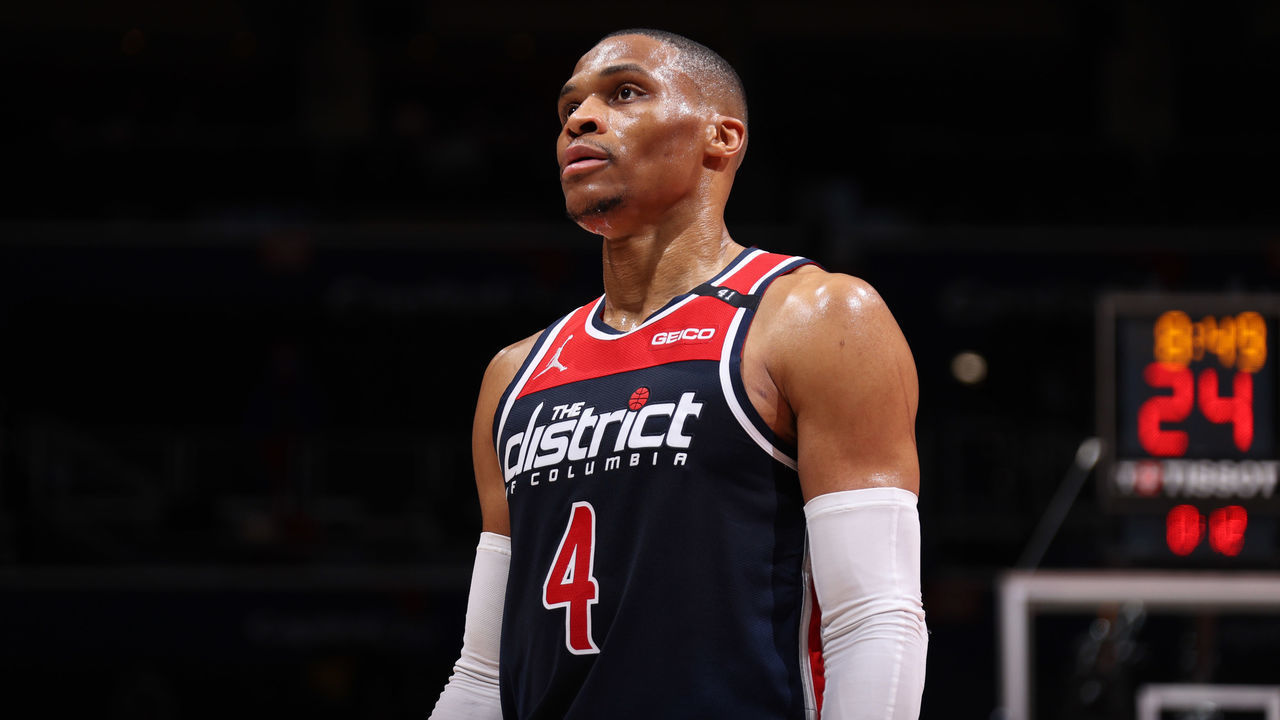 WASHINGTON, DC - MAY 3: Russell Westbrook #4 of the Washington Wizards looks on during the game against the Indiana Pacers on May 3, 2021 at Capital One Arena in Washington, DC. Mandatory Copyright Notice: Copyright 2021 NBAE