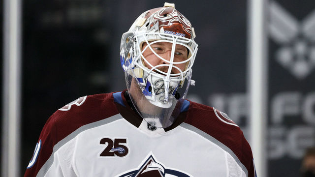 LAS VEGAS, NEVADA - APRIL 28: Devan Dubnyk #40 of the Colorado Avalanche takes a break during a stop in play in the second period of a game against the Vegas Golden Knights at T-Mobile Arena on April 28, 2021 in Las Vegas, Nevada. The Golden Knights defeated the Avalanche 5-2.