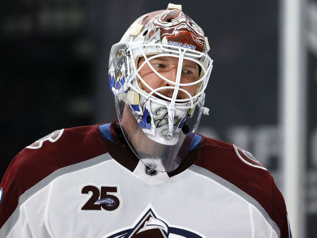 LAS VEGAS, NEVADA - APRIL 28: Devan Dubnyk #40 of the Colorado Avalanche takes a break during a stop in play in the second period of a game against the Vegas Golden Knights at T-Mobile Arena on April 28, 2021 in Las Vegas, Nevada. The Golden Knights defeated the Avalanche 5-2.